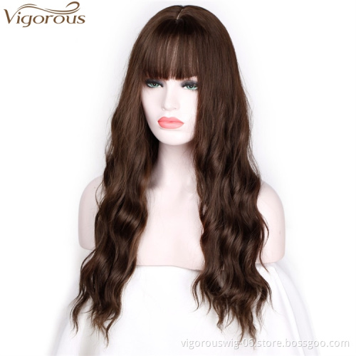 Vigorous 24 Inches Long Wavy Women's Wig Dark Auburn Hair With Bangs Natural Wavy High Temperature Fiber Wig Wholesale